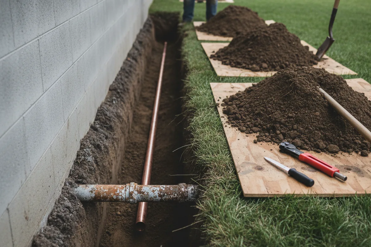 Excavated water line trench during Sewer Line Repair in Somonauk